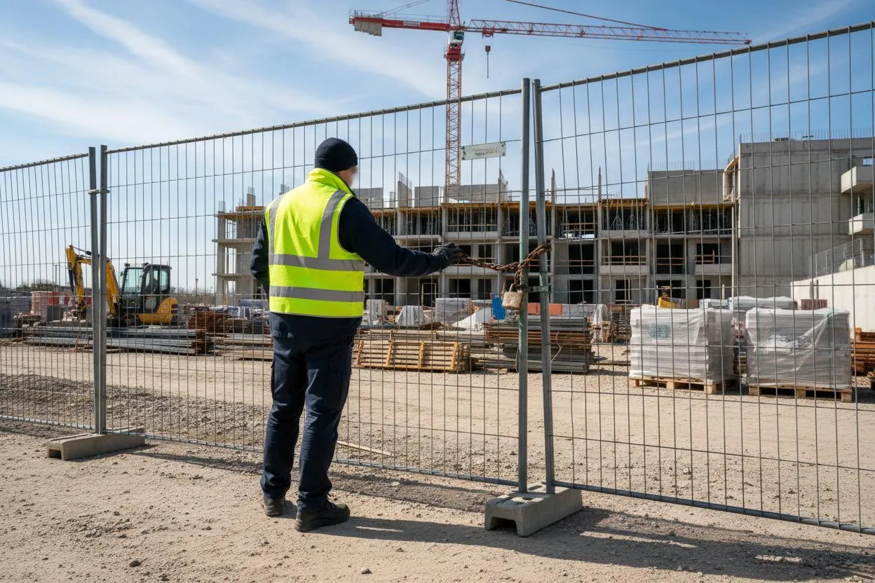 Sicherheitsmitarbeiter in Warnweste kontrolliert das verschlossene Tor eines Bauzauns, dahinter Rohbau und Kran