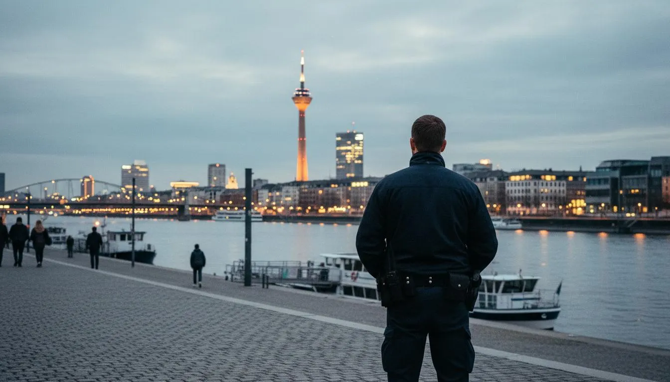 Sicherheitsmitarbeiter in dunkler Uniform blickt auf die nächtliche Düsseldorfer Skyline mit Rheinturm